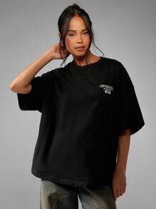 MISSGUIDED Áo thun thể thao Copenhagen cỡ lớn, phong cách cổ điển, thẩm mỹ, thời trang đường phố, in họa tiết trường học, tay ngắn, chất liệu cotton, áo thun thường ngày cơ bản - màu đen - Xem 2