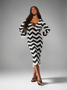 AiiRZ Long Sleeve Zig Zag Pattern Knit Sweater Dress Winter Fall V Neck Tie Front Bodycon Midi Length Holiday Party Evening Occasion - Black and White - View 4