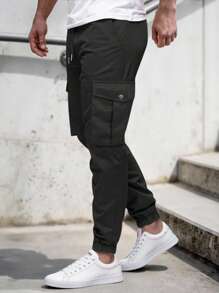 Manfinity Homme 男士休闲抽绳工装裤，多口袋工作裤，秋季 - 黑色 - 查看 3