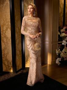 MOTF Soiréza 人造珍珠领口和镂空细节串珠美人鱼下摆晚礼服 - 香檳色 - 查看 5