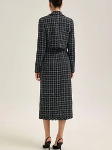 BELROSIE Conjunto de traje de tweed estilo británico, chaqueta blazer corta y falda larga, conjunto de 2 piezas - Negro - Ver 2