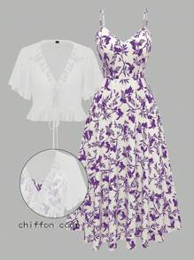 Flirla 大码女式纯色半透明雪纺浪漫荷叶边领带开衫夹克和 V 领细肩带长裙 2 件套，浪漫优雅的女装，适合夏季、户外、室内、休闲、法式休闲、派对 - 紫色 - 查看 7