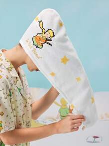 LE PETIT PRINCE X SHEIN 1pc Embroidery Pattern Microfiber Hair Drying Towel Cap, Star Print, Soft Polyester, Super Absorbent Material, Suitable For All Hair Types - White - View 8