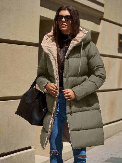 EURMUSE Two-Tone Hooded Pocket Zipper Stand Collar Mid-Length Winter Jacket