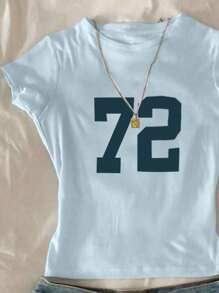 Sparklyn Girls' Cropped Fitted Top With 72 Numeric Print, Streetwear Casual Style, Suitable For Summer And Autumn Girls Number Shirt Baby Tee Woman Y2k Teen Girl Clothes Crop Top 2 Piece Set Teen Girl - Baby Blue - View 3