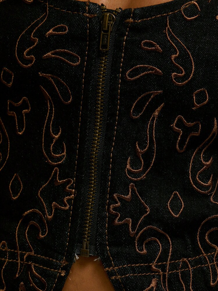 MUSERA Contrast Stitch Embroidered Zip Front Fitted Denim Crop Top Western Country Streetwear Festival Elegant Y2k Sexy Cute 90's Boho Midwest Winter  Chic Spring Summer - Dark Wash - View 6