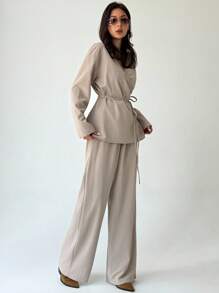 Aloruh 卡其色简约办公室通勤装：喇叭袖系带腰女式衬衫 + 阔腿长裤女式长裤，2 件套 - 卡其色 - 查看 6