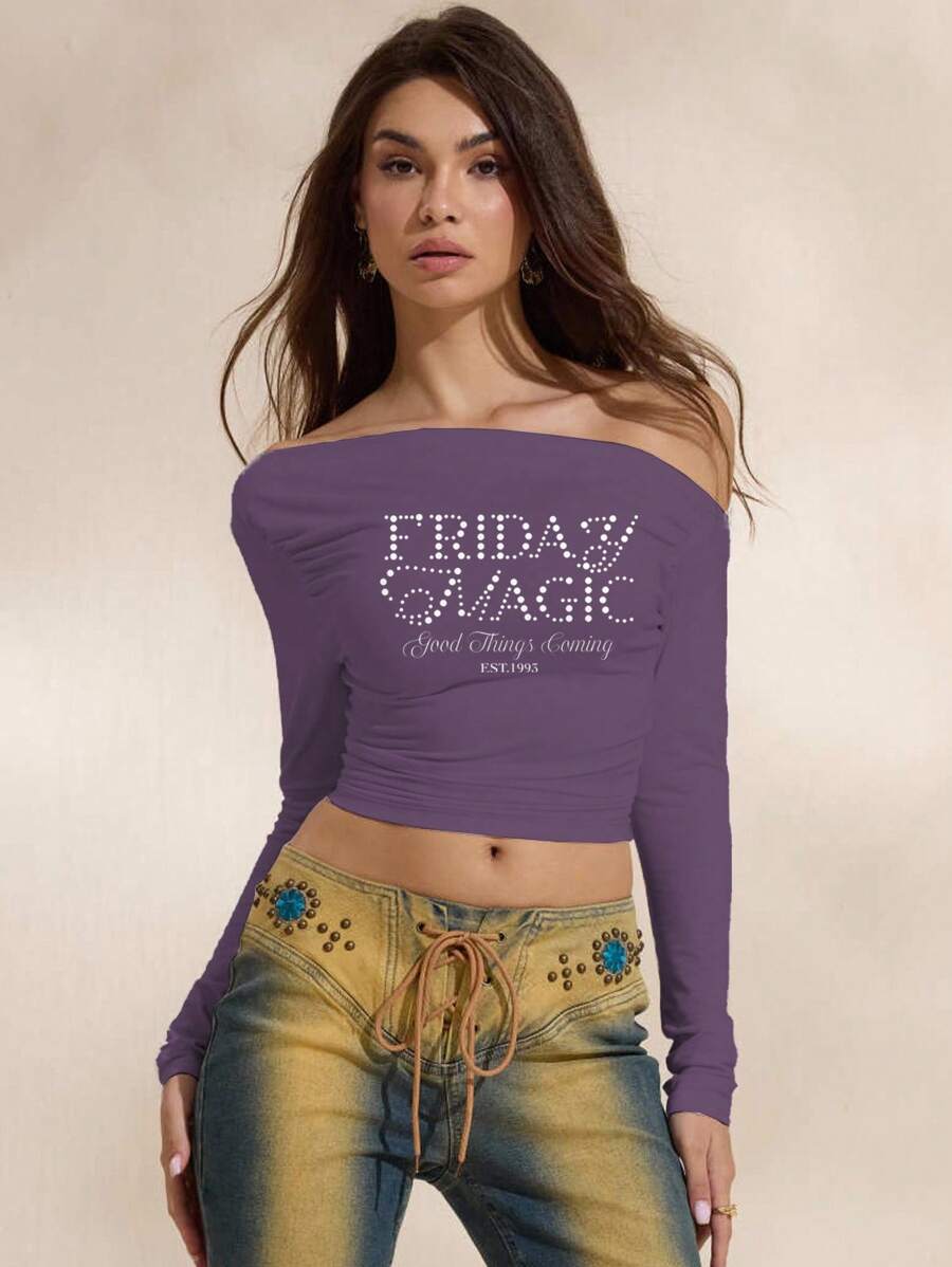 BiGraphic Women's Slogan Graphic Oblique Shoulder Long Sleeve T-Shirt, Purple Autumn And Winter - Purple - View 1