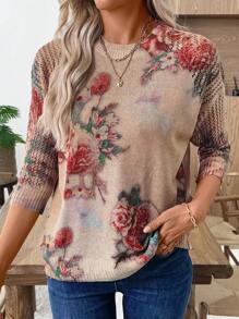 EMERY ROSE Nova blusa estampada, suéter estiloso de malha fina com manga 3/4 para mães de meia-idade e idosas - Multicolorido - Ver 5