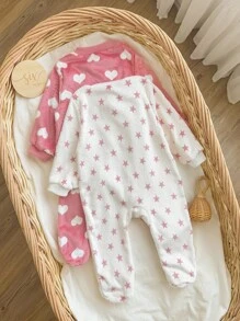 Babygirl Cute Fluffy Polka Dot, Heart & Star Pattern Jumpsuit Loungewear, Autumn/Winter - Multicolor - View 2