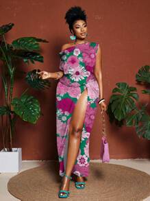 Maweii 加大码彩色花卉印花不对称领口高开叉时尚长裙 - 彩色 - 查看 5