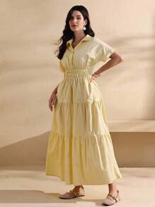 Modelyn Rochie de damă Plus Size, la modă, cu guler elastic, din bumbac, galbenă