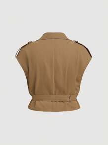 SHEIN MOD 加大码咖啡棕色优雅百搭无袖亚麻腰带短款风衣背心和高腰阔腿裤两件套，优雅，两件套女士，摩卡棕色，秋冬女士教师装 - 咖啡棕 - 查看 9