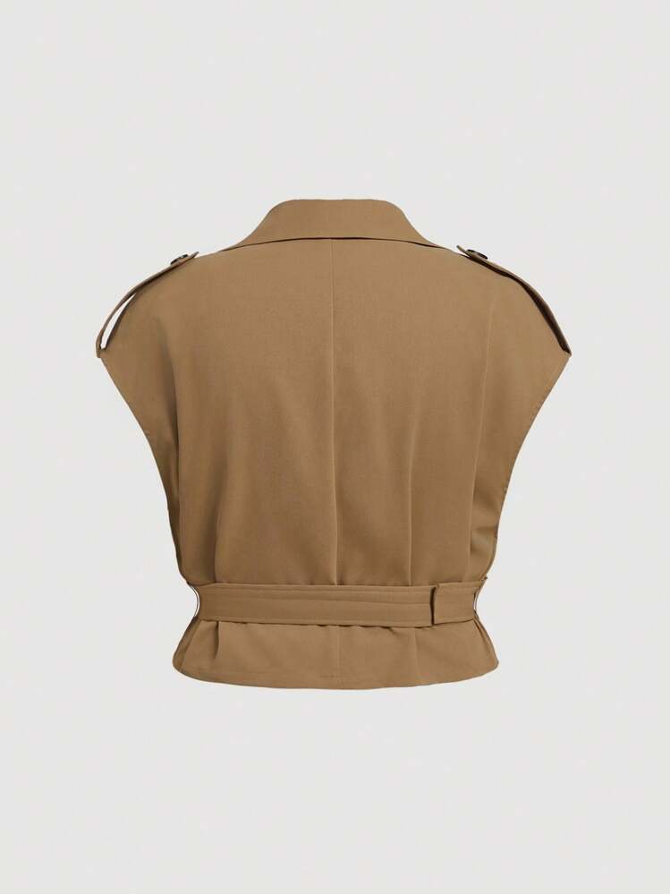 SHEIN MOD Plus Size Coffee Brown Elegant Versatile Sleeveless Linen Belted Short Windbreaker Vest And High Waist Wide Leg Pant Two Pieces Set,Elegant,Two Pieces Set Women,Mocha Brown,Teacher Outfits For Women In Fall/Winter - Coffee Brown - View 9