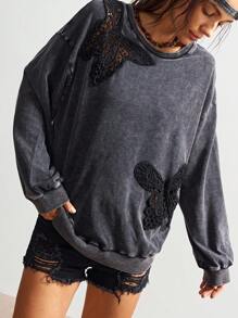 Bohemela 秋冬波西米亚风休闲纯色针织圆领宽松水洗女式运动衫 - 黑色 - 查看 6