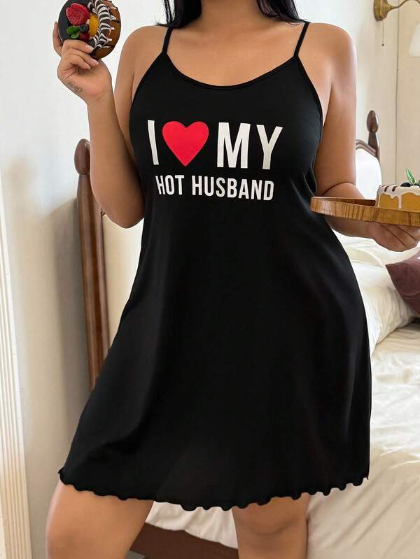 Plus Size Solid Color Knit Camisole Nightgown With Heart & Letter Print, Fitted Women Nightdress Short Nightgown Cute Nightgown Sleep Dress