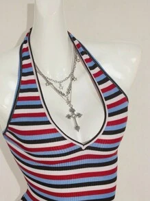 SHEIN ICON Sexy Deep V-Neck Rainbow Striped Tight Camisole - Multicolor - View 9