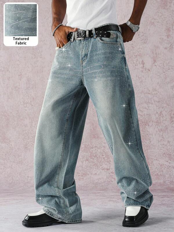 Manfinity EMRG Vintage Washed Blue Straight Leg Jeans With Rhinestone Star Decor, Spring/Summer