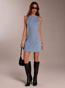 SHEIN Forever 21 女士休闲露肩牛仔连衣裙 - 淺藍色 - 查看 6
