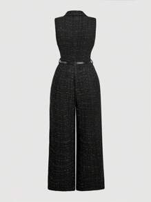 SHEIN MOD Bộ đồ liền thân ống rộng bằng vải tuýt cổ điển màu đen thanh lịch cỡ lớn, bộ đồ liền thân kiểu áo vest cổ bẻ bằng vải tuýt dành cho nữ, phù hợp để đi làm, đi làm, mặc thường ngày và những dịp trang trọng, quý cô duyên dáng - màu đen - Xem 3