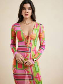 Abeille Creations Váy maxi dài tay cổ chữ V thấp in họa tiết hình học trừu tượng nhiều màu - Nhiều màu - Xem 6