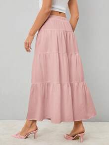 SHEIN Tall Váy Maxi Dài Cho Nữ Lưng Cao Buộc Dây Viền Xếp Nếp Màu Trơn - Hồng - Xem 2