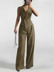 SHEIN PETITE Setelan Musim Gugur Dua Potong 2pcs/Set Wanita Atasan Tanpa Lengan dan Celana Warna Polos, Pakaian Musim Gugur untuk Wanita Bertubuh Mungil - Hijau Tentara - View 8