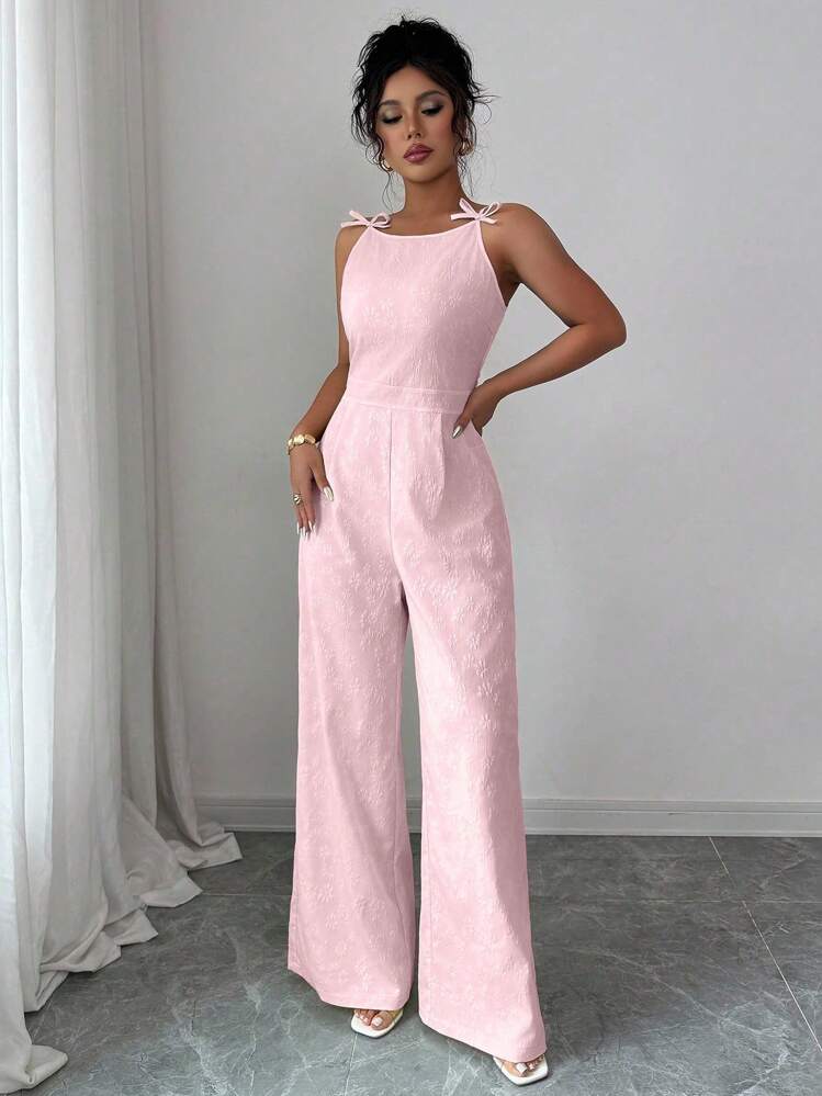 Elenzga Women's Elegant Jumpsuit With Shoulder Bow Decor, Jacquard Fabric, Cinched Waist, Wide Leg, Suitable For Daily Commute - Pink - View 4