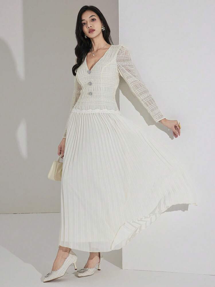 Heiryn Elegant & Chic Long Sleeve Dress, Suitable For Commuting And Everyday Wear - White - View 3