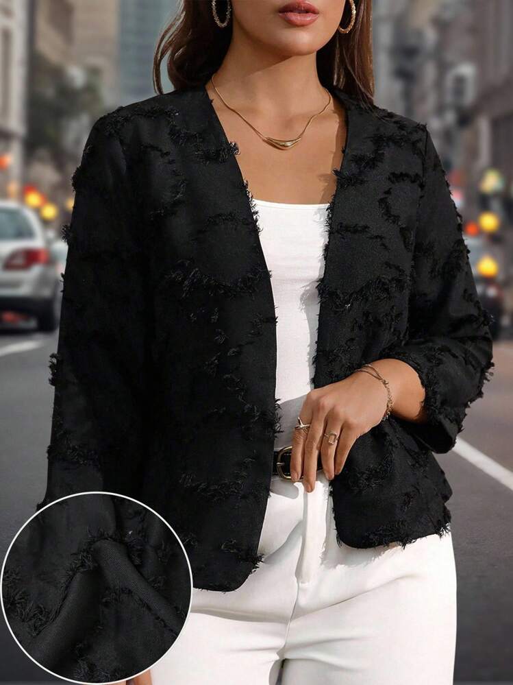 EMERY ROSE Plus Size Women Solid Color Laser Cut Texture Open Front Long Sleeve Fitted Formal Elegant Office Blazer - Black - View 1