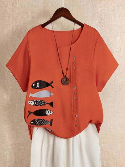 Linhara Plus Size Women Cotton Linen Print Button Decor Round Neck Short Sleeve Casual Blouse, Spring And Summer