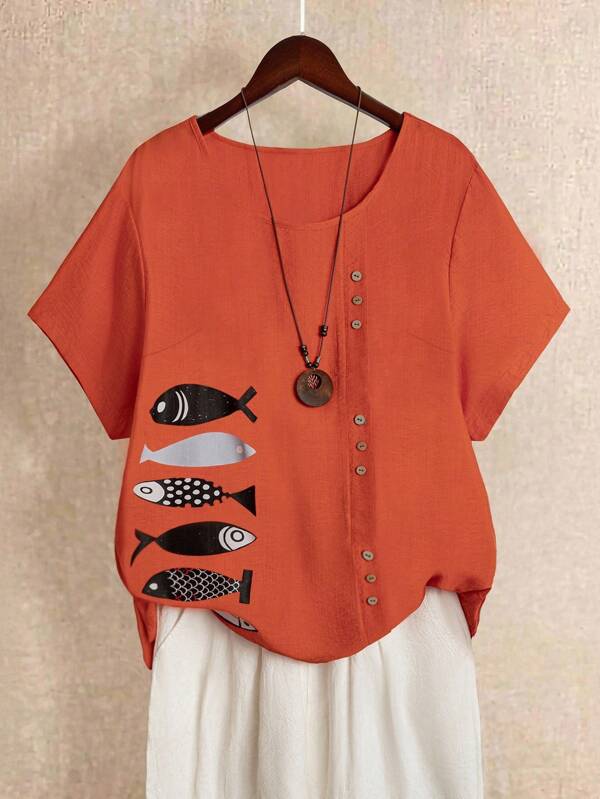 Linhara 大码女式棉麻印花纽扣装饰圆领短袖休闲衬衫，春夏季