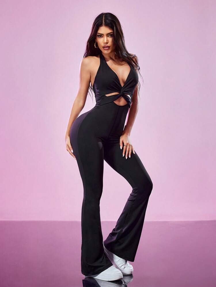 SHEIN Sports 女式休闲运动露背喇叭腿连体裤 - 黑色 - 查看 2