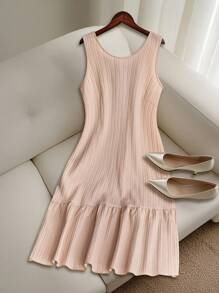 GlowEve CURVE Vertical Striped Textured Fabric Sleeveless Patchwork Plus Size Dress - Apricot - View 1