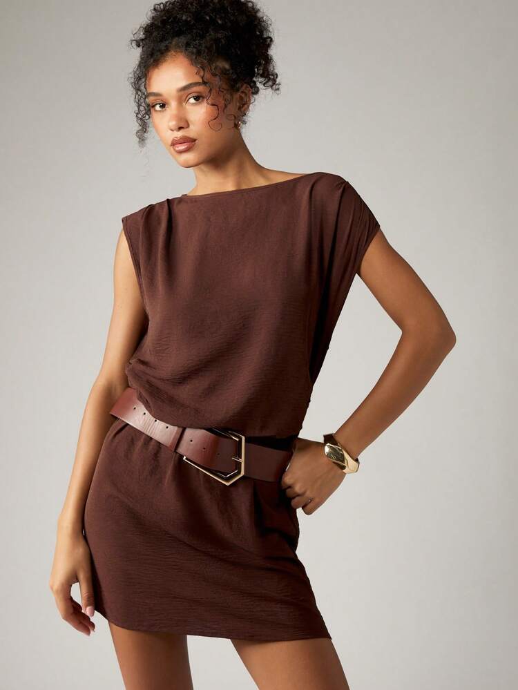 AiiRZ Mini Draped Dress Boat Neck Sleeveless Fall Winter Chic Office Party Sophisticated Belted Dress High Fashion Executive