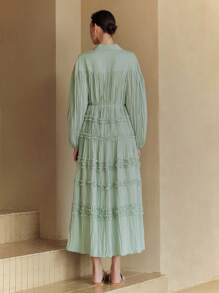 Arave 纯色棉质褶皱荷叶边领全纽扣装饰长款泡泡袖系带宽松休闲沙滩度假连衣裙，适合女士，春夏秋季 - 綠色 - 查看 3