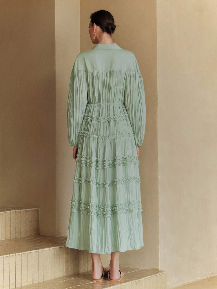Arave 纯色棉质褶皱荷叶边领全纽扣装饰长款泡泡袖系带宽松休闲沙滩度假连衣裙，适合女士，春夏秋季 - 綠色 - 查看 3