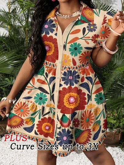 Slaydiva Plus Size All Over Print Button Front Casual/Holiday Short Sleeve Dress,Summer Dresses For Women