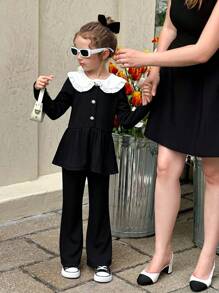 Young Girls T-Shirt Co-Ords Girls Black Two-Piece Set With White Ruffle Collar And Pearl Buttons, Elegant Preppy Long Sleeve Top And Pants Outfit - Pink - View 5
