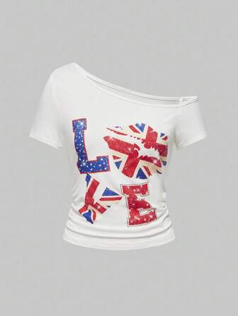 ROMWE Avant Camiseta de mujer de manga corta con cuello asimétrico y estampado de bandera y labios