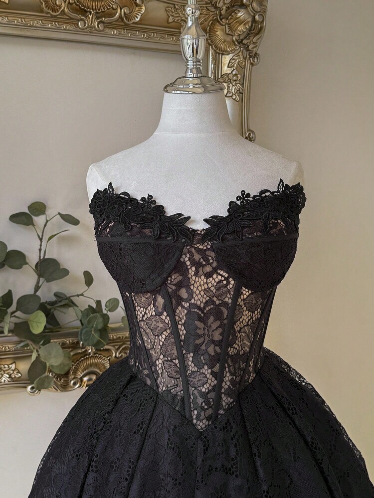 Lovelzi Elegante, romántico, de moda, de malla, negro, tela de encaje, espina de pescado, adecuado para vacaciones, discoteca, fiesta, resort, fiesta de cóctel, registro, vestido de gala, Día de San Valentín - Negro - Añade 1