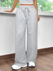 SHEIN EZwear 女士休闲宽松直筒运动裤，灰色 - 淺灰色 - 查看 6