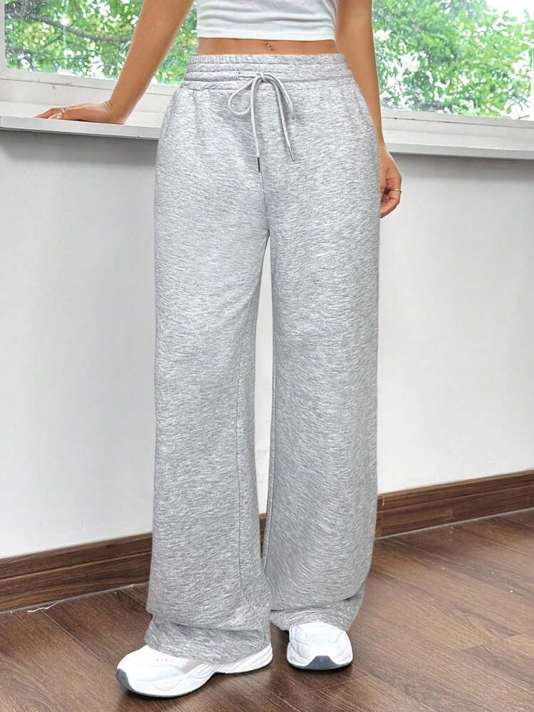 SHEIN EZwear 女士休闲宽松直筒运动裤，灰色 - 淺灰色 - 查看 6