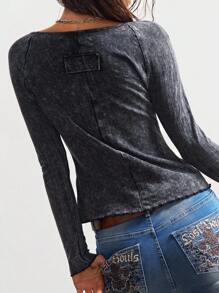 Bohemela 女士休闲纯色V领长袖T恤 - 黑色 - 查看 6