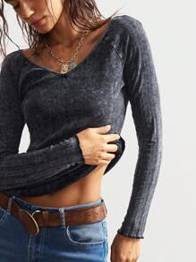 Bohemela 女士休闲纯色V领长袖T恤 - 黑色 - 查看 7