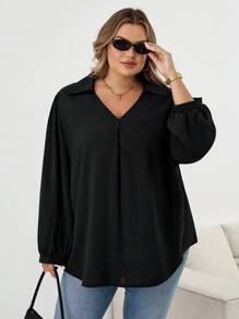 SHEIN CURVE+ Plus Size Women's Autumn And Winter Casual Loose And Comfortable V-Neck Black Long-Sleeved Shirt,Fall Women Clothes,Women Blouse,Curv Tops,Old Money,Black Top,Business Casual Women,Office Wear Women,W,Teacher Shirtsfall Clothes For Women,Winter,CURVE PLUS Plus Size Blouses Plus Size Black Shirt Plus Size V-Neck Blouse Plus Size Women Shirts Curvy Blouses