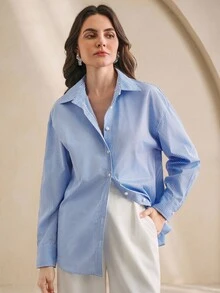 Anewsta Women's New Striped Long Sleeve Elegant Blouse Shirt - Blue - View 5