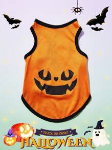 PETSIN 1 pieza Disfraz de perro para Halloween - Chaleco ligero y transpirable de color naranja con estampado gráfico de expresión de dibujos animados divertidos, perfecto para perros en fiestas de Halloween, eventos de truco o y sesiones fotográficas festivas - Multicolor - Ver 2
