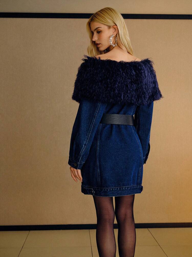 OFF SHOULDER CONTRAST FAUX FUR BELTED DENIM DRESS