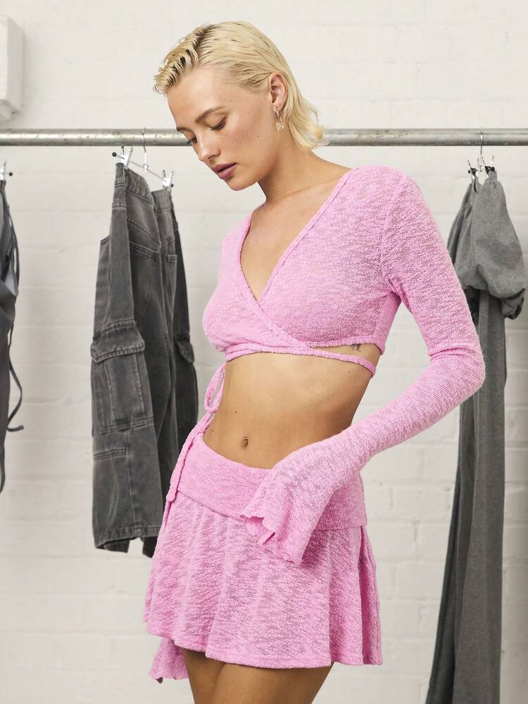 COUREZ 长袖裹身开衫 /Y2K 秋季女装 秋季服装 可爱上衣 外出穿搭 性感 - 粉色 - 查看 5